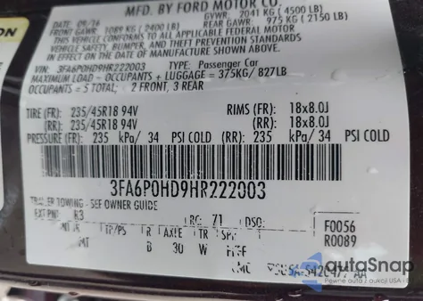 2017 Ford Fusion Se z USA, uszkodzony, nr VIN 3FA6P0HD9HR222003